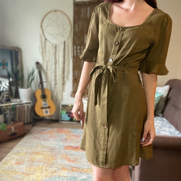 Olive Green Flounce Sleeve Dress - Picture 6 of 6